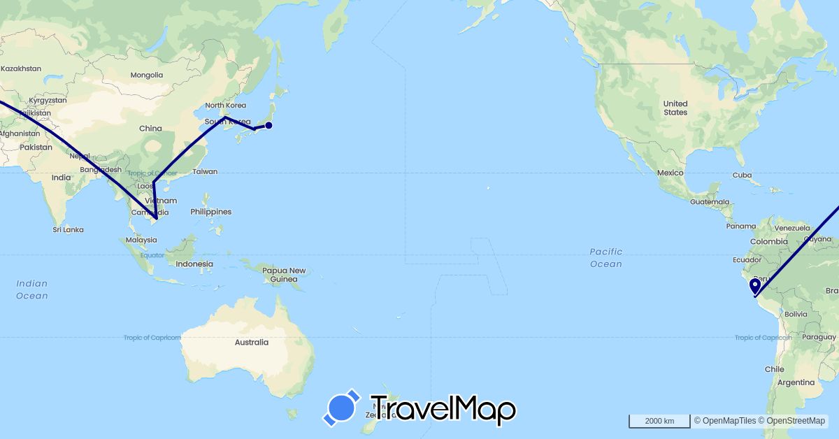 TravelMap itinerary: driving in Japan, South Korea, Nepal, Peru, Vietnam (Asia, South America)